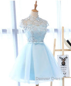 Blue tulle lace short prom Dress, blue tulle lace homecoming Dresses