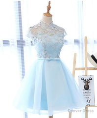 Blue tulle lace short prom dress, blue tulle lace homecoming dress
