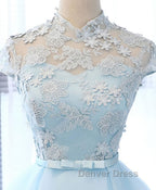 Blue tulle lace short prom Dress, blue tulle lace homecoming Dresses