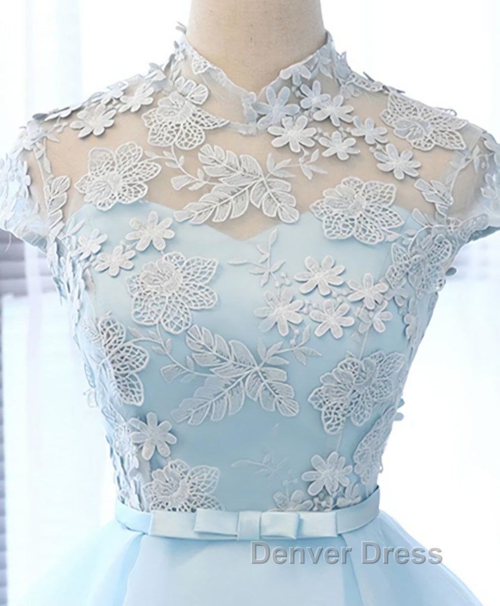 Blue tulle lace short prom Dress, blue tulle lace homecoming Dresses