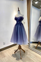 Blue Tulle Lace Short Prom Dress, Off the Shoulder Prom Dresses