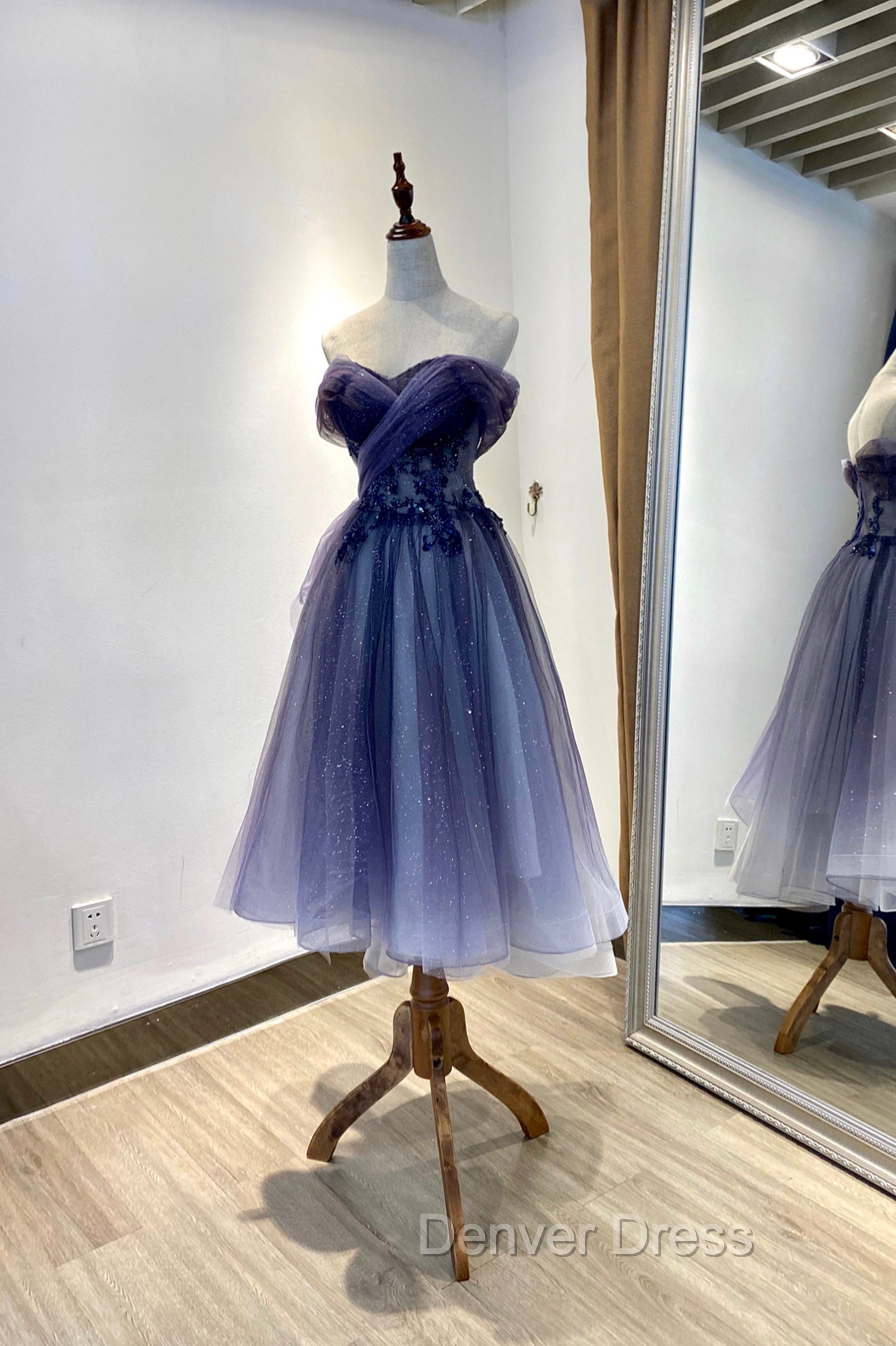 Blue Tulle Lace Short Prom Dress, Off the Shoulder Prom Dresses