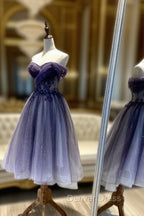Blue Tulle Lace Short Prom Dresses, Off the Shoulder Evening Party Dresses