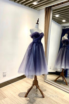 Blue Tulle Lace Short Prom Dresses, Off the Shoulder Evening Party Dresses