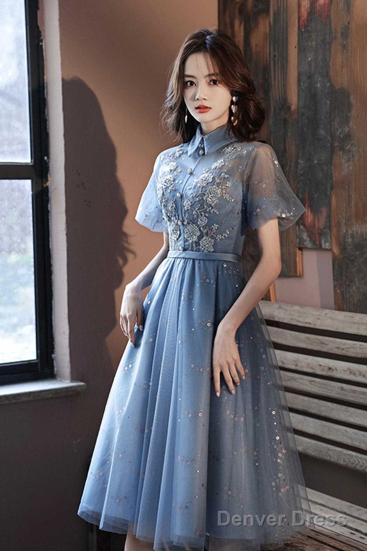 Blue Tulle Lace Short Prom Dresses, A-Line Homecoming Dresses