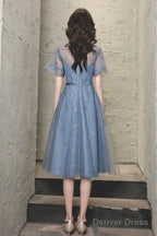 Blue Tulle Lace Short Prom Dress, A Line Homecoming Dresses