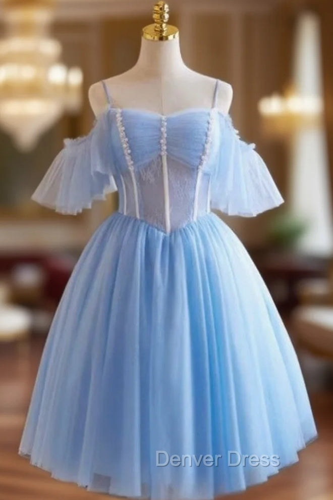 Blue Tulle Lace Spaghetti Straps Pleats Homecoming Dresses Main image
