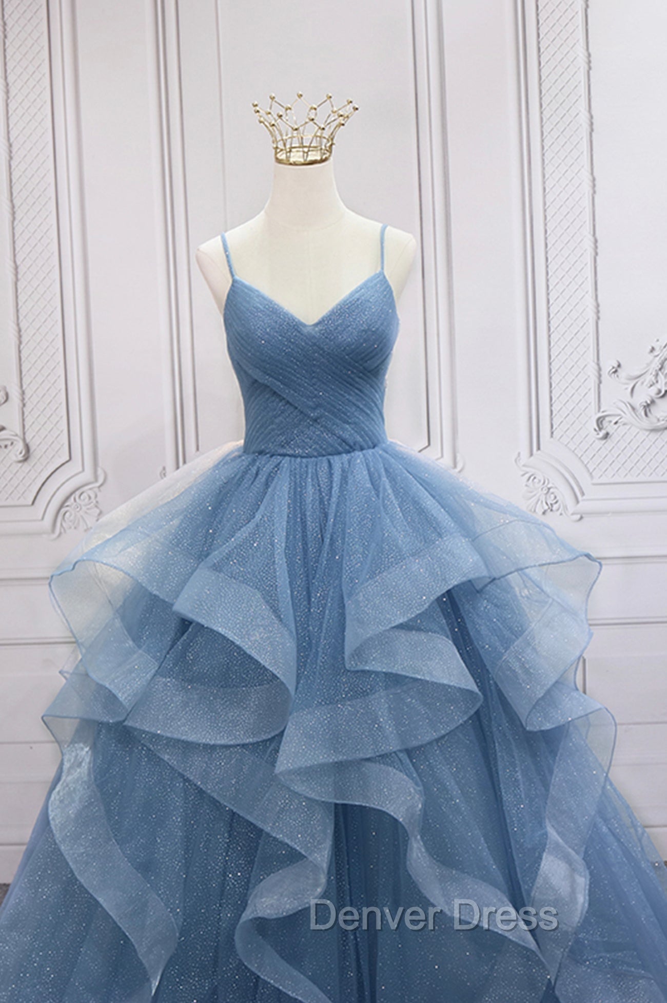 Blue Tulle Layers Long Formal Dresses, Blue Tulle with Straps Party Dresses Secondary image
