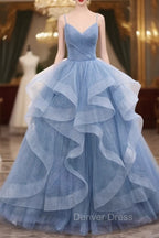 Blue Tulle Layers Long Formal Dresses, Blue Tulle with Straps Party Dresses