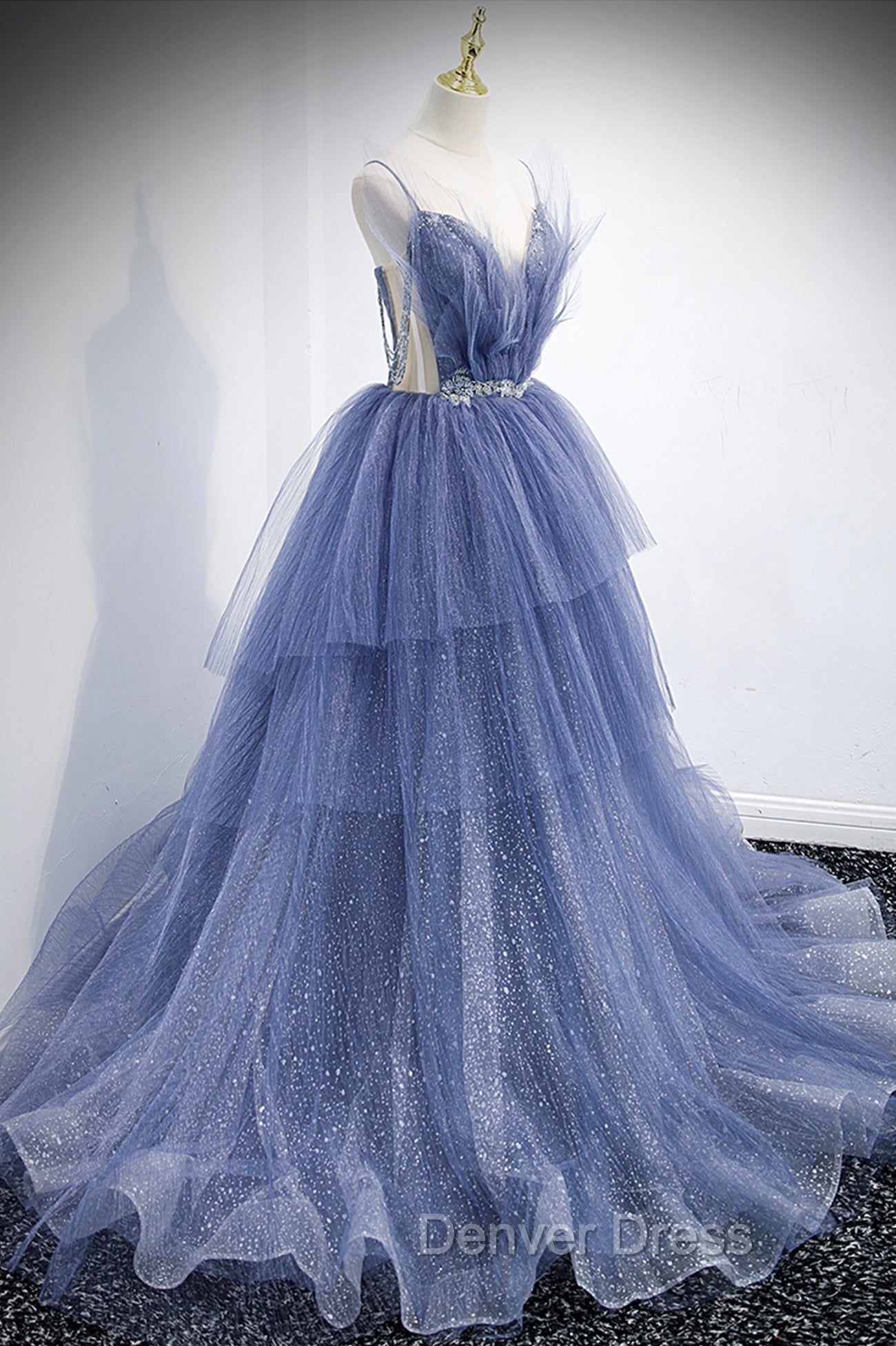 Blue Tulle Layers Long Prom Dresses, A-Line Spaghetti Strap Party Dresses Secondary image
