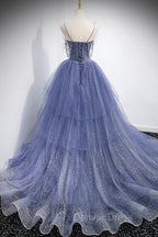 Blue Tulle Layers Long Prom Dresses, A-Line Spaghetti Strap Party Dresses