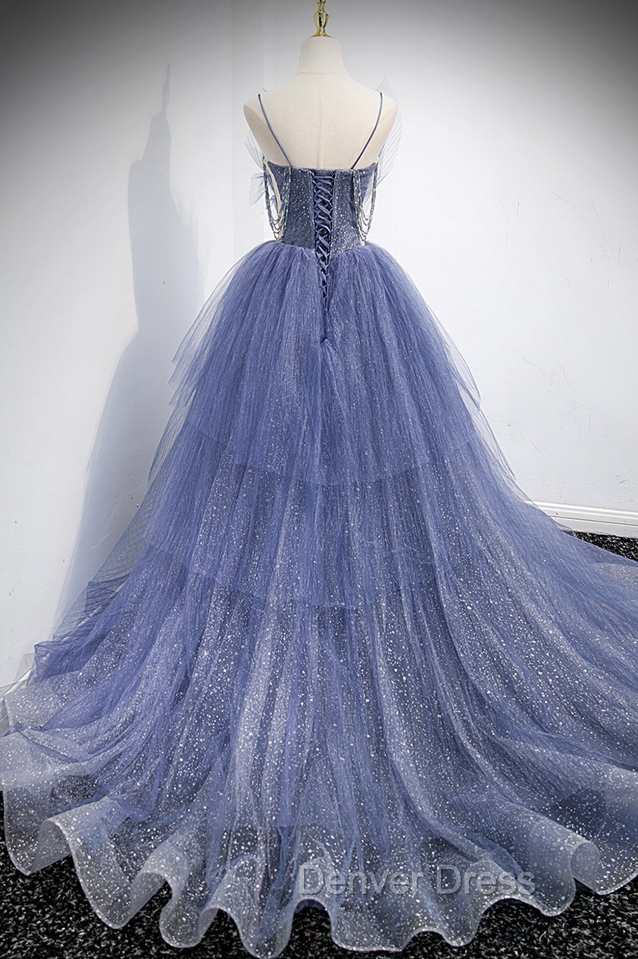 Blue Tulle Layers Long Prom Dresses, A-Line Spaghetti Strap Party Dresses