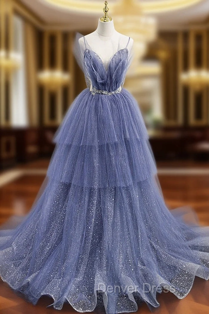 Blue Tulle Layers Long Prom Dresses, A-Line Spaghetti Strap Party Dresses