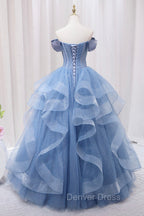 Blue Tulle Layers Long Prom Gown, A-Line Blue Evening Dresses