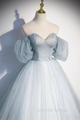 Blue Tulle Long A-Line Ball Gown, Off the Shoulder Formal Evening Dresses