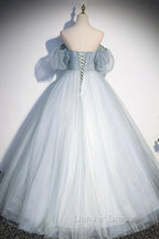 Blue Tulle Long A-Line Ball Gown, Off the Shoulder Formal Evening Dresses