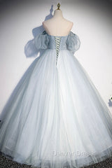 Blue Tulle Long A-Line Ball Gown, Off the Shoulder Formal Evening Dresses