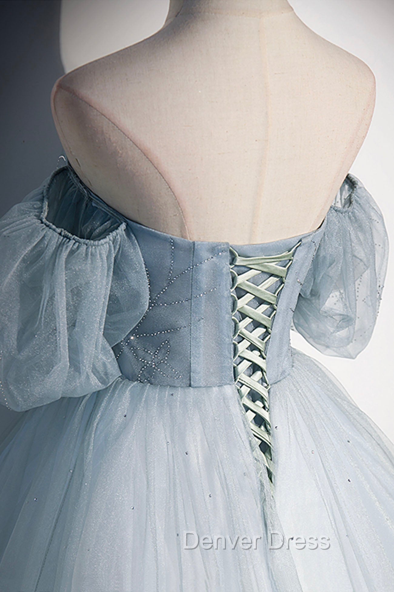 Blue Tulle Long A-Line Ball Gown, Off the Shoulder Formal Evening Dresses