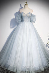 Blue Tulle Long A-Line Ball Gown, Off the Shoulder Formal Evening Dresses
