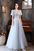 Blue Tulle Long A Line Prom Dress, Shiny V Neck Prom Dresses