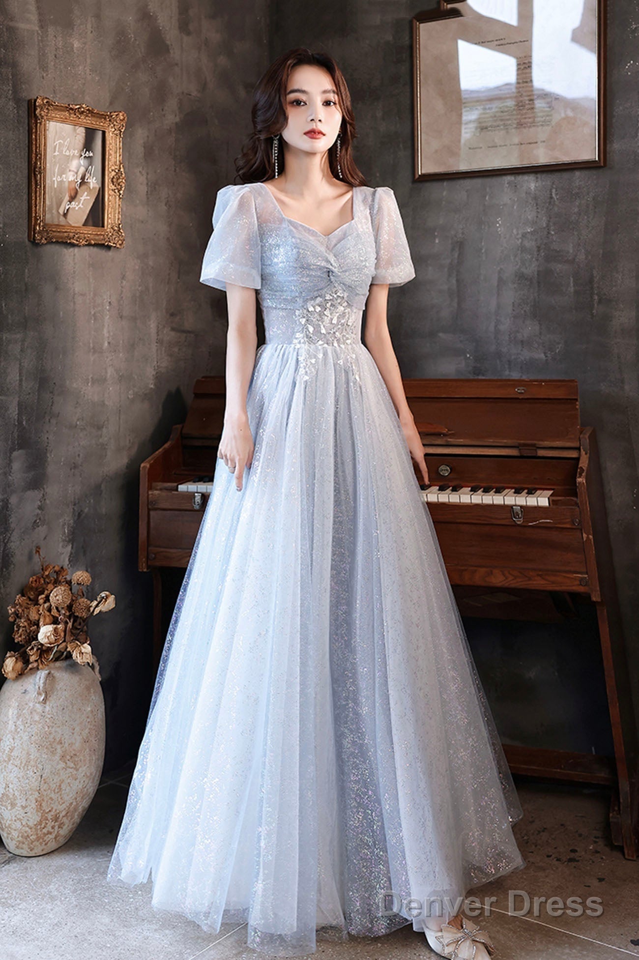 Blue Tulle Long A Line Prom Dress, Shiny V Neck Prom Dresses