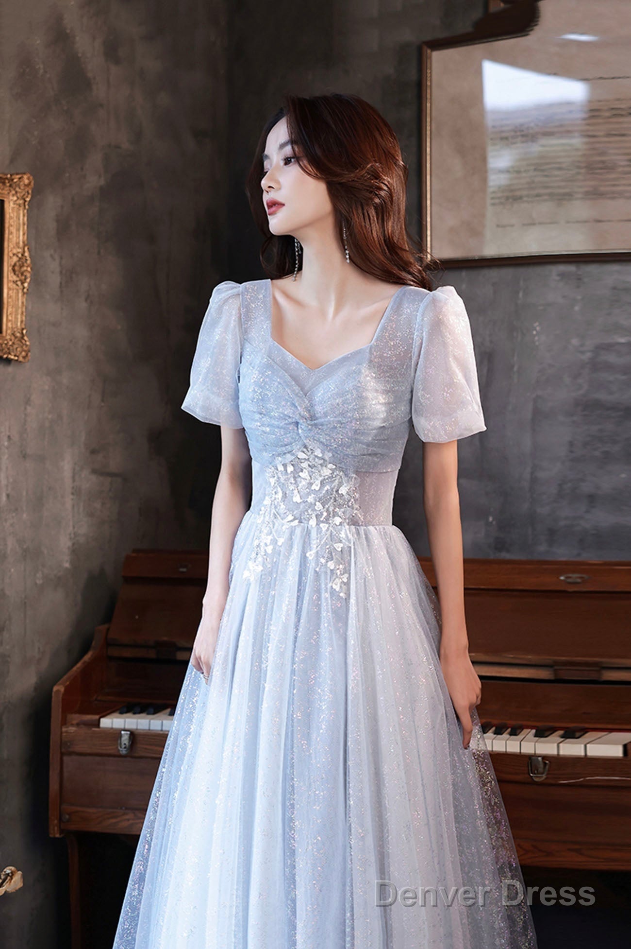 Blue Tulle Long A Line Prom Dress, Shiny V Neck Prom Dresses