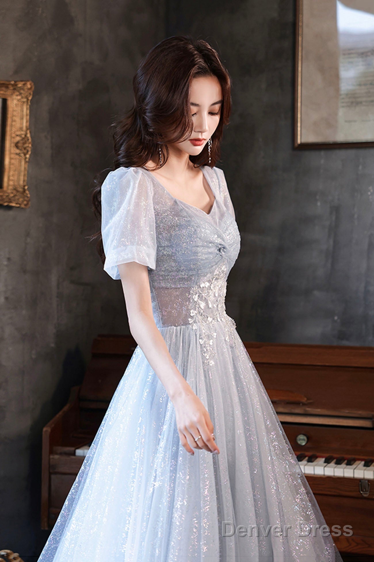 Blue Tulle Long A Line Prom Dress, Shiny V Neck Prom Dresses