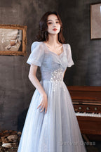 Blue Tulle Long A Line Prom Dress, Shiny V Neck Prom Dresses