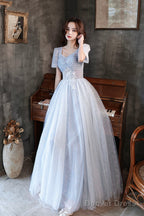 Blue Tulle Long A Line Prom Dress, Shiny V Neck Prom Dresses
