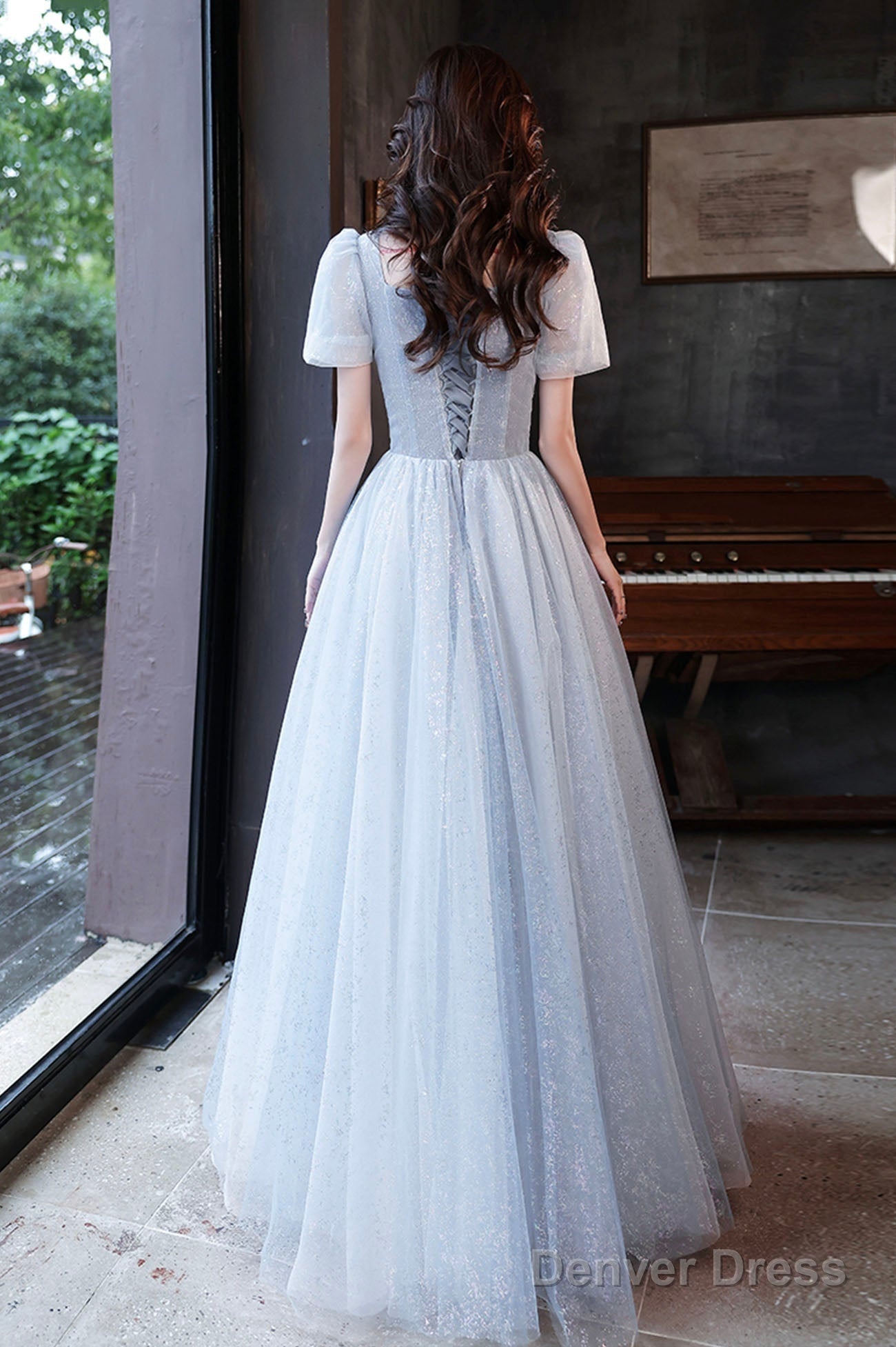 Blue Tulle Long A Line Prom Dress, Shiny V Neck Prom Dresses
