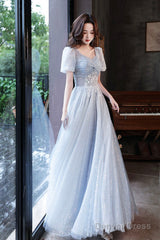 Blue Tulle Long  A-Line Formal Dresses, Shiny V-Neck Evening Dresses