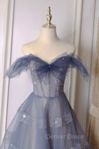 Blue Tulle Long A Line Prom Dresses