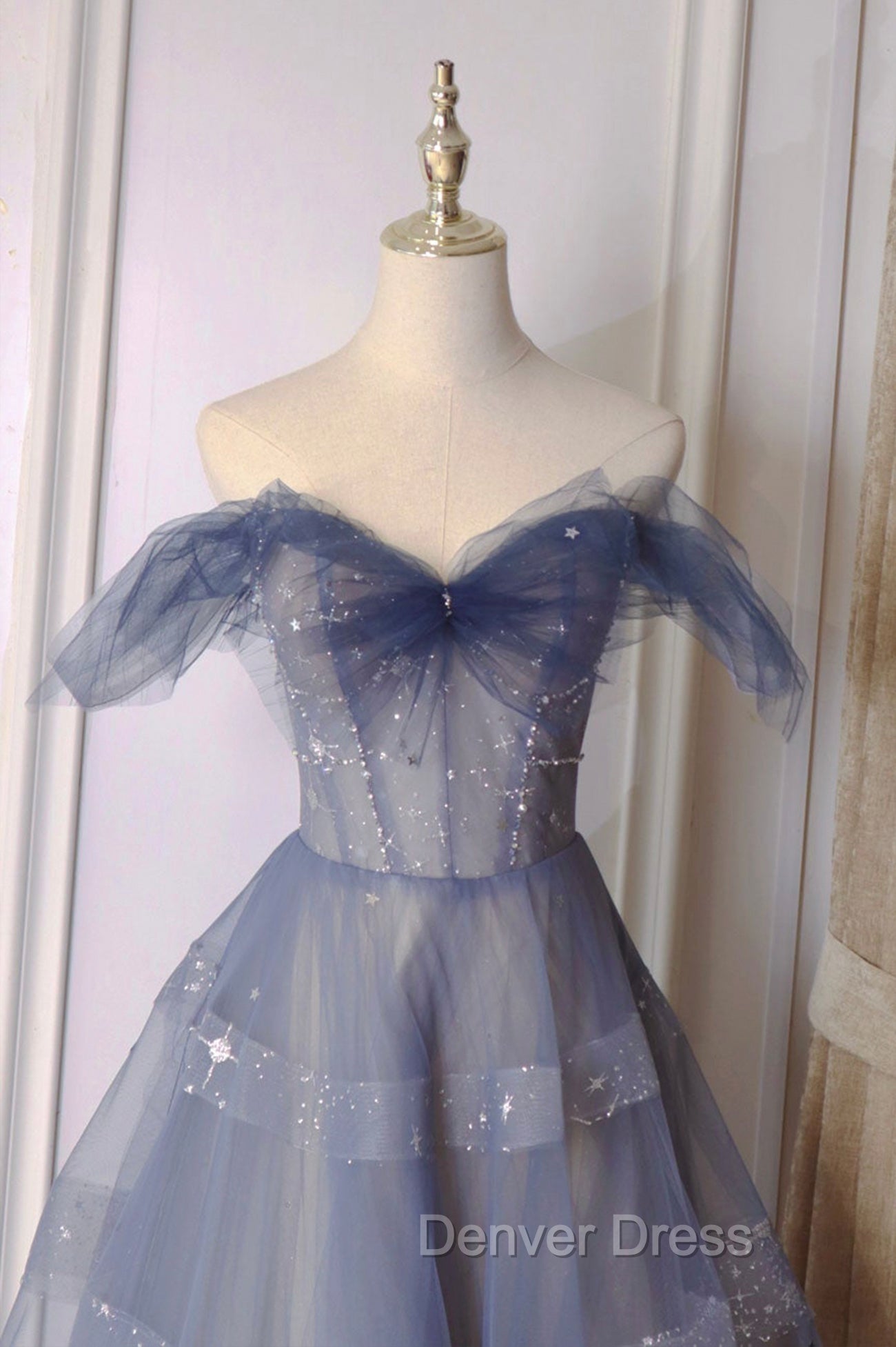 Blue Tulle Long A Line Prom Dresses