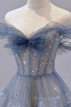 Blue Tulle Long A Line Prom Dresses