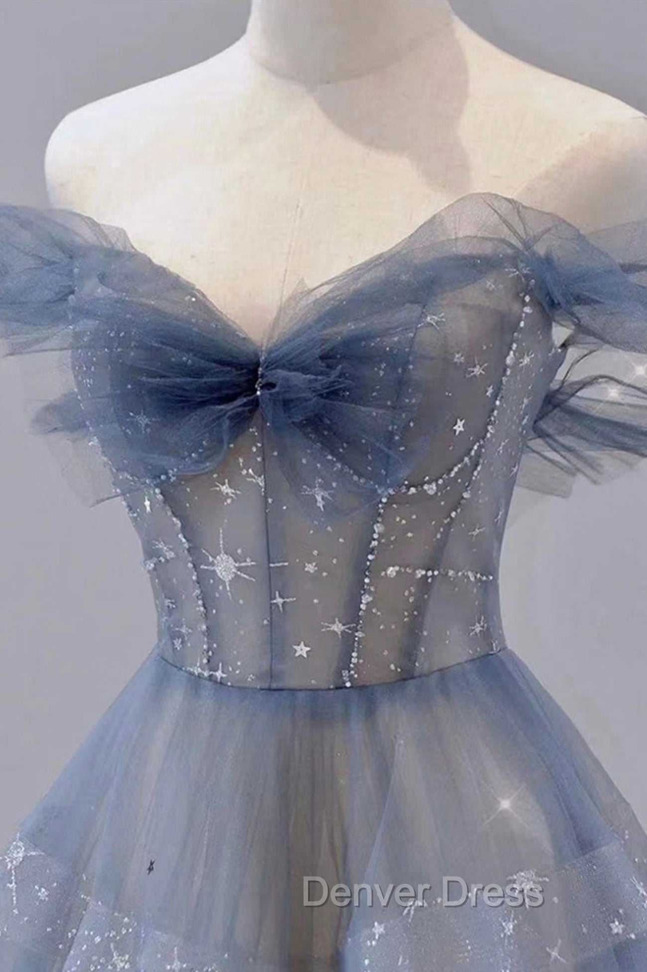 Blue Tulle Long A Line Prom Dresses