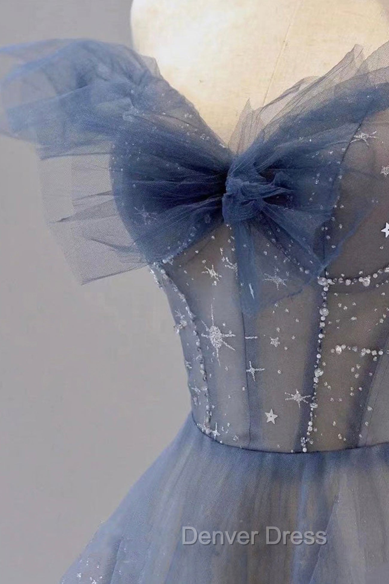 Blue Tulle Long A Line Prom Dresses
