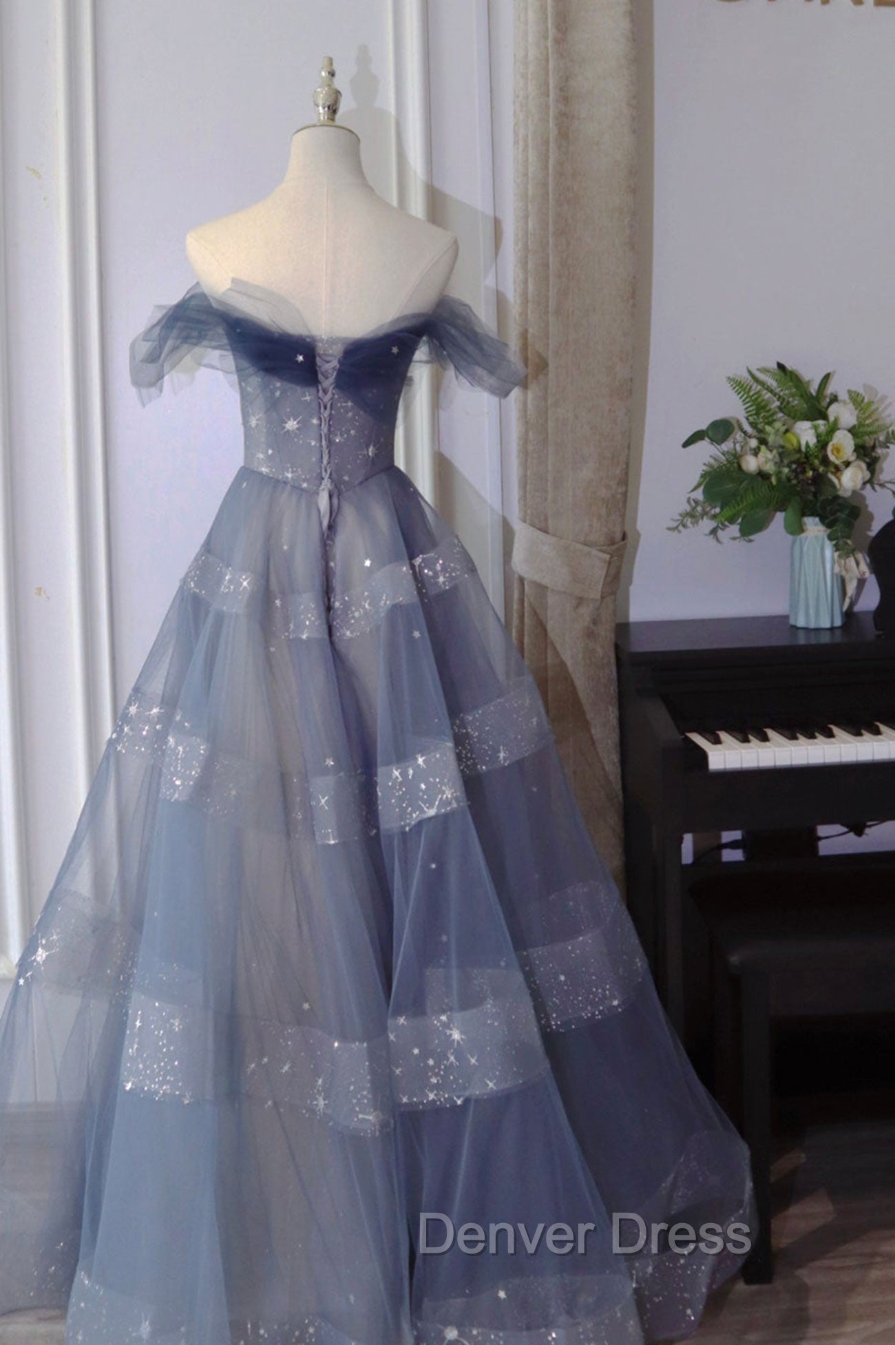 Blue Tulle Long A Line Prom Dresses