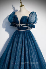 Blue Tulle Long A-Line Prom Dresses, A-Line Short Sleeve Evening Dresses
