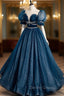 Blue Tulle Long A-Line Prom Dresses, A-Line Short Sleeve Evening Dresses