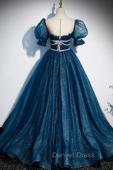 Blue Tulle Long A-Line Prom Dresses, A-Line Short Sleeve Evening Dresses