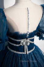 Blue Tulle Long A-Line Prom Dresses, A-Line Short Sleeve Evening Dresses