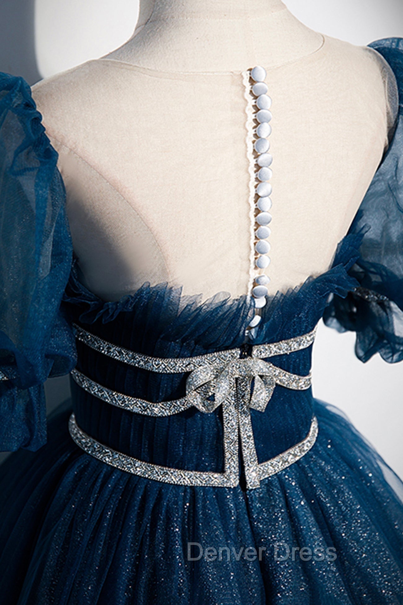 Blue Tulle Long A-Line Prom Dresses, A-Line Short Sleeve Evening Dresses