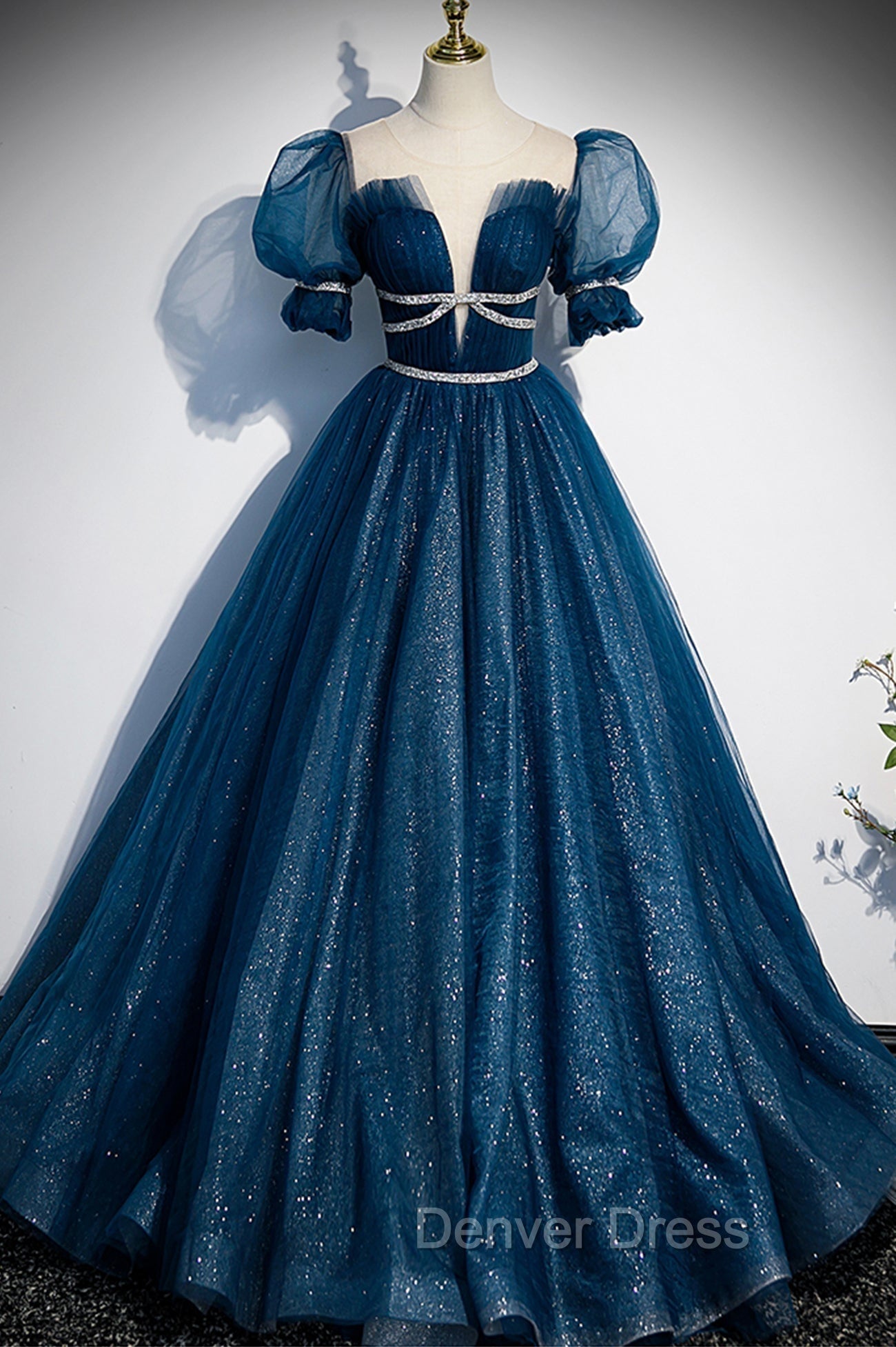 Blue Tulle Long A-Line Prom Dresses, A-Line Short Sleeve Evening Dresses Main image