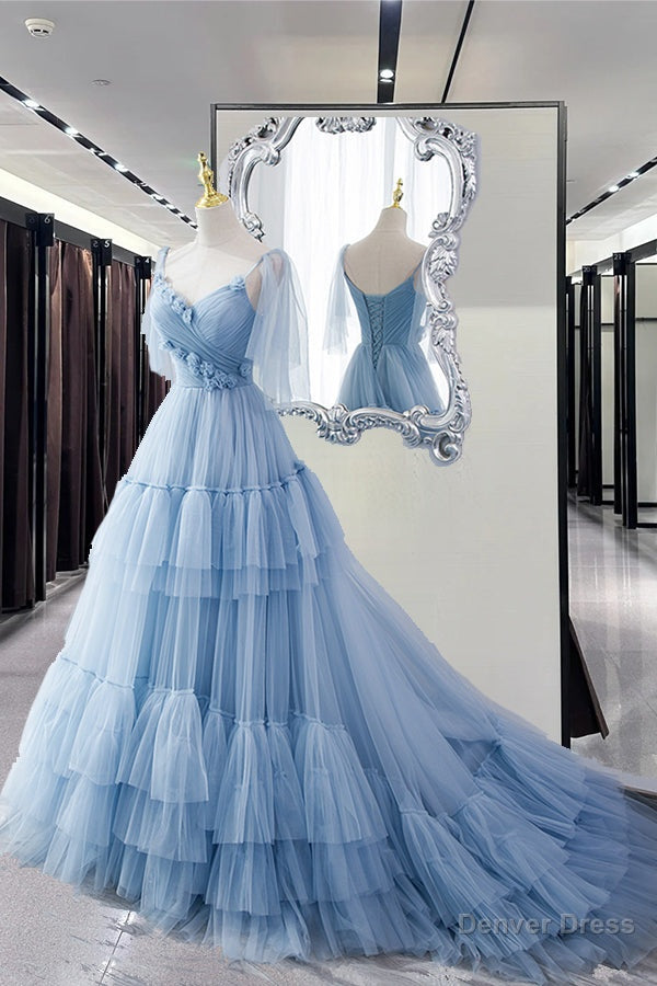 Blue Tulle Long A Line Prom Dress Blue Evening Dress Main image