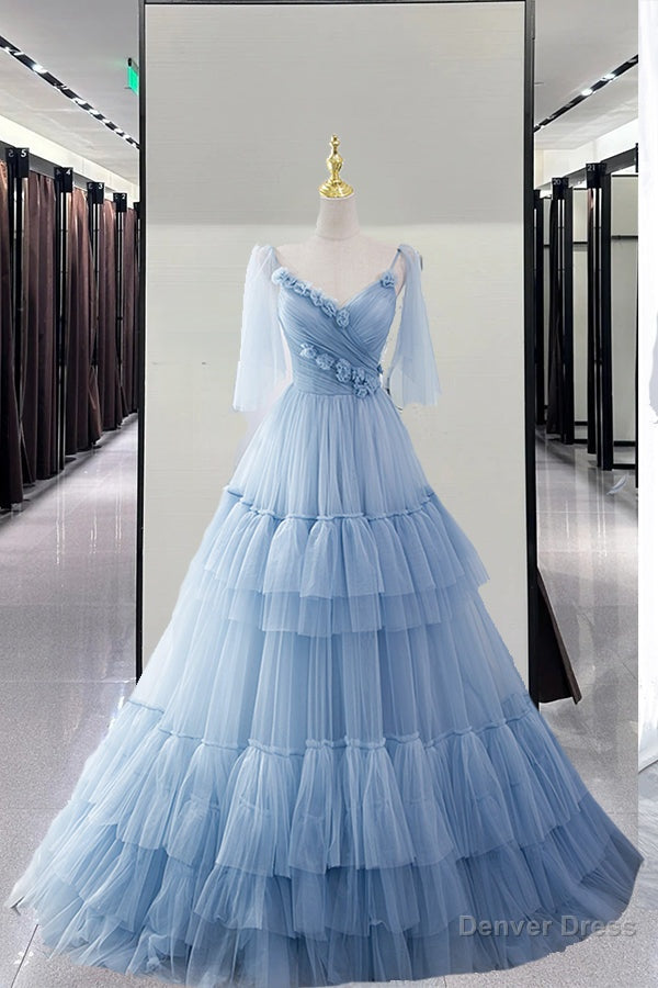 Blue Tulle Long A Line Prom Dress Blue Prom Dresses Secondary image