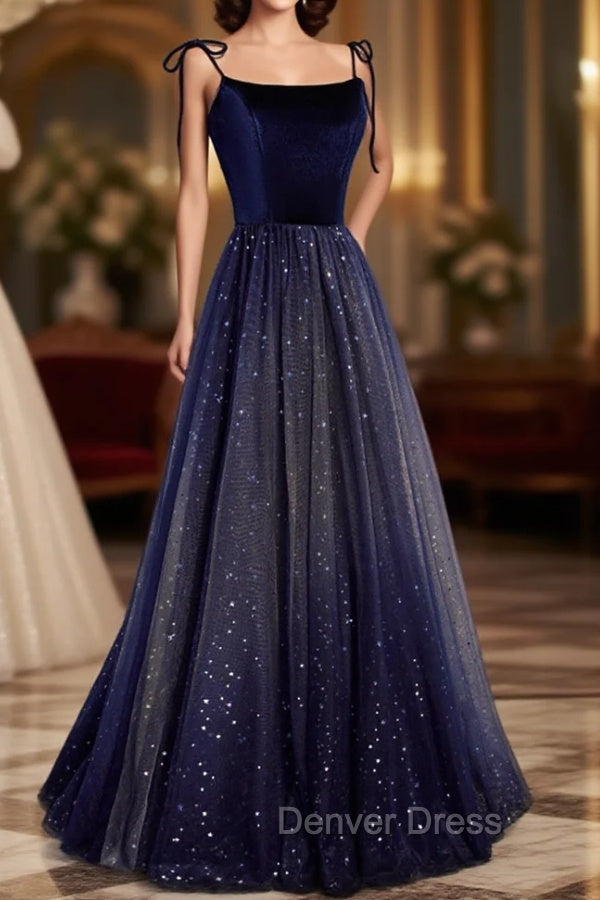 Blue Tulle Long A-Line Prom Dresses, Blue Spaghetti Strap Evening Party Dresses Secondary image