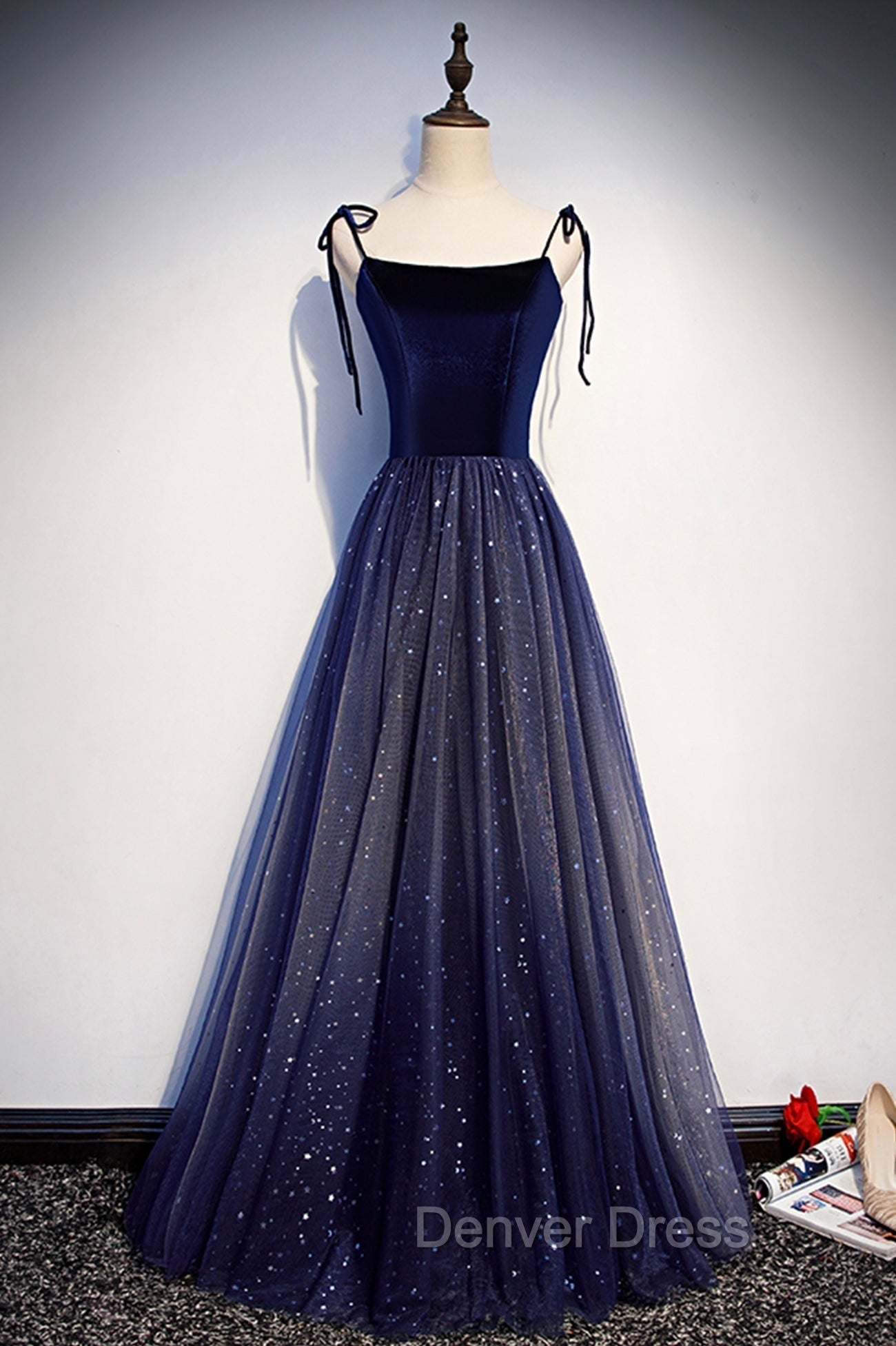 Blue Tulle Long A-Line Prom Dresses, Blue Spaghetti Strap Evening Party Dresses Main image
