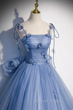 Blue Tulle Long A Line Prom Dress, Blue Spaghetti Straps Prom Dresses with Bow