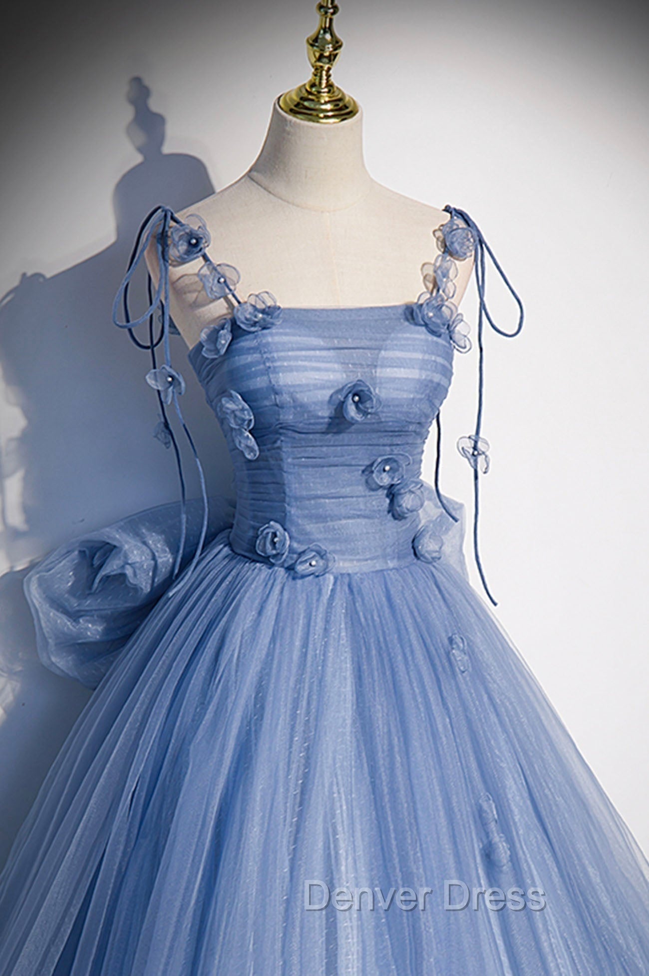 Blue Tulle Long A Line Prom Dress, Blue Spaghetti Straps Prom Dresses with Bow