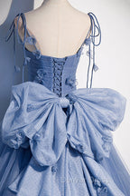 Blue Tulle Long A Line Prom Dress, Blue Spaghetti Straps Prom Dresses with Bow